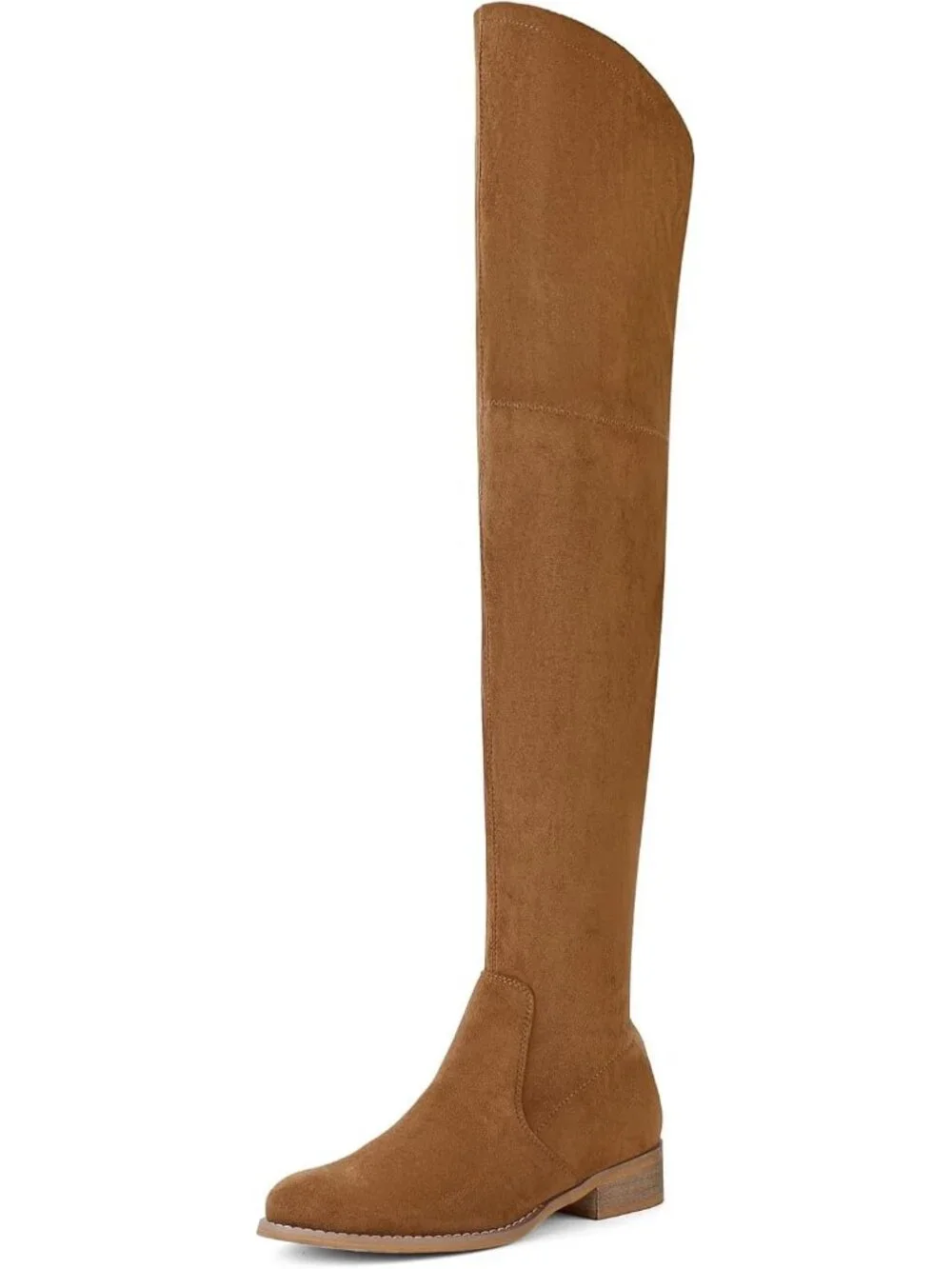 Women's Brown Low Block Heel Pointed Toe Stretch Over The Knee Thigh High Boots
